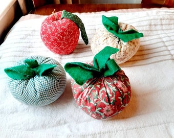 1 VINTAGE fabric Pin Cushion, Pincushion, Fabric Floral Print Cotton, Green felt leaf, country Farmhouse decor, Teacher, Red tomato food