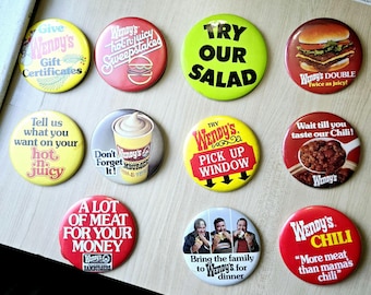 vintage funny button pins Wendy&#39;s restaurant, burger meat, ice cream frosty, costume, salad, chili hot n juicy, worker name badge fast food