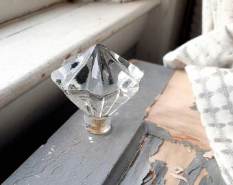 VINTAGE Glass Door Knob Clear Handle, victorian hardware faux diamond crystal faceted