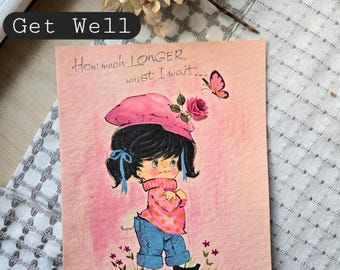 Vintage GET WELL Card Encouragement ephemera Greeting, Antique, Retro 1960s 60s Mid-Century Cute Little Girl, Davey, pink rose, butterfly