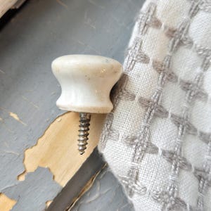 May include: A small, off-white ceramic cabinet knob with a smooth, rounded top and a flared base. A silver-toned metal screw with a threaded shank extends from the bottom of the knob, designed for attachment to furniture or cabinetry surfaces.