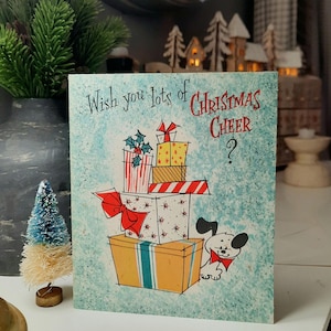 VINTAGE Retro Christmas Cheer Card for Anyone dog lover Greeting,  cartoon dogs 1950s, Retro Holiday, Volland midcentury, old fashioned