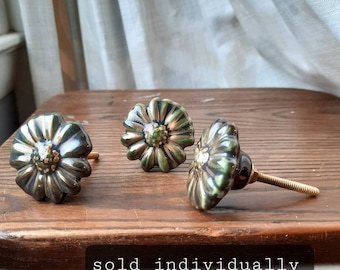 1 Knob Glazed Olive Green Ceramic Flower, Gold Accents, Vintage Dresser Drawer Pull