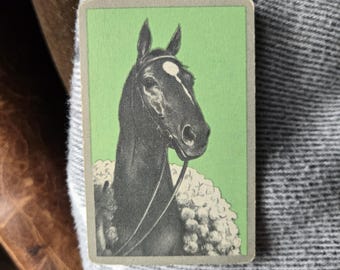 Vintage Jack of Spades Playing Card Black Horse Head Green Background | 1970s-80s Equestrian Ephemera for Junk Journal Scrapbook Collage