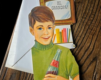 Tarjeta retro vintage para el Día del Padre, de parte del nieto, abuelo, década de 1950, niño de los años 50 con botella de cola, efímero, Hallmark Holiday, Coca-Cola