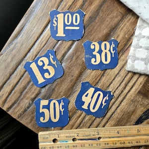Lot of 5 antique paper price card tags, vintage ephemera labels money, midcentury font, 1.00 dollar, .38, .13, .40, .50 cents, junk journal
