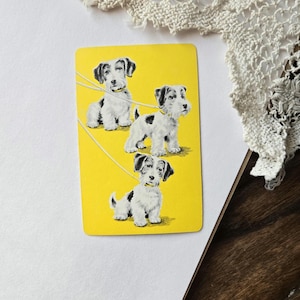 vintage dog playing trading card, small wire fox terrier, retro yellow illustrated art print for scrapbook, junk journal picture supplies,