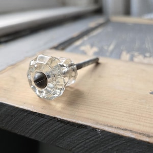 Vintage 1" Faceted Small Clear Glass Knob with Long 3" Mounting Screw Center hole,- Antique Hardware Early 1900s