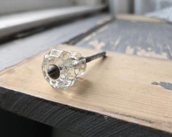 Vintage 1" Faceted Small Clear Glass Knob with Long 3" Mounting Screw Center hole,- Antique Hardware Early 1900s
