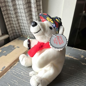 1998 Vintage Polar Bear coca cola bean bag plush, white polarbear with 90s coke brand bottle, stuffed plush with tags, hat, scarf 0167