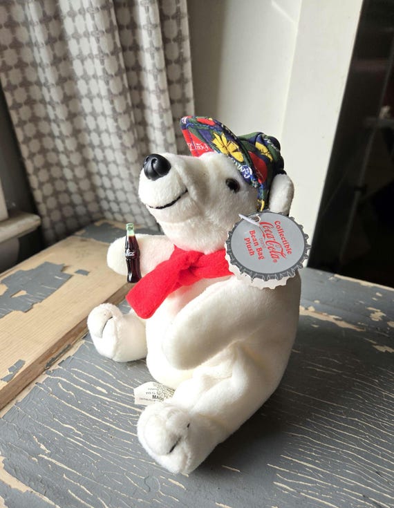 1998 Vintage Polar Bear Coca Cola Bean Bag Plush, White