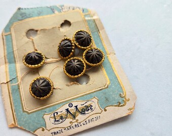 Antique clothing buttons black and gold, Vintage dress fashion for women, girls, plastic and metal back