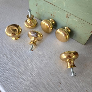 May include: Six gold-toned cabinet knobs with a round shape and a screw on the bottom. The knobs are arranged on a white surface.