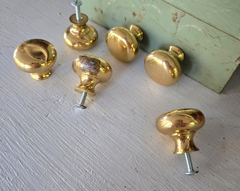1 small heavy shiny heavy gold solid brass knob vintage pull, small 1.25" inch round, hardware desk cubby cabinet, dresser drawer 1, 2, 3, 4