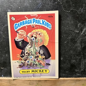 vintage 1980s funny sticker garbage pail kids 80s Collectible funny gross decal for laptop, Yicchy Mickey 162a, retro Topps parady cabbage