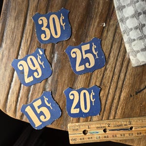 Lot of 5 antique paper price card tags, vintage ephemera labels money, midcentury font, .15, .20, .30, .25, .29 cents, junk journal supplies
