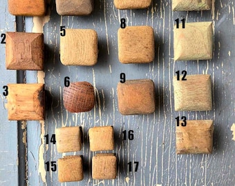 Vintage old square wood Knobs, Small Drawer Pulls, farmhouse rustic wooden hardware mix, assorted styles, SOLD INDIVIDUALLY, 1" , 1 3/8"