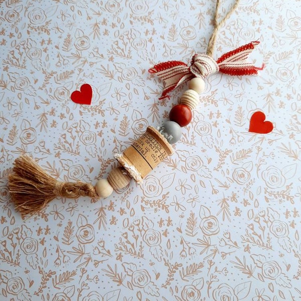 SALE Wood bead ornament with hanging tassel, vintage thread spool, farmhouse Christmas Decor, decorative hanger