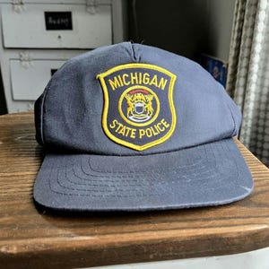 Vintage Michigan State Police Hat, Navy Blue Cotton Cap, Embroidered Emblem