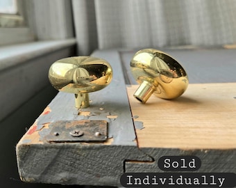 1 Vintage retro Solid Brass Round Drawer Knob - Shiny Gold 1.5" Pulls w/ Light Aged Patina, Sold Individually, Restoration Cabinet Hardware