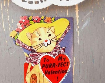 Tarjeta de San Valentín vintage para mi gato ronroneante perfecto, saludo retro de gatito, saludo firmado, No, gatito, eres el único, niños de clase escolar