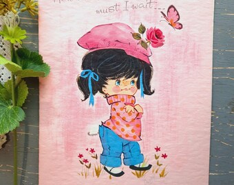 GET WELL Card Vintage Old Greeting Get Better, Antique, Retro 1940s 50s - Mid-Century Illustration Little Girl Pink Art Children, davey
