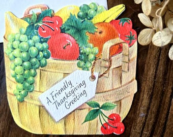 NOS 60s-70s Vintage Friend Card for Thanksgiving Greeting, Fall Apple Fruit & Vegetable Basket Picture