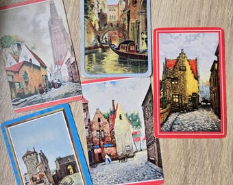 Lote de 5 tarjetas ilustradas vintage con paisajes, pequeñas láminas ilustradas de 2"x3", recuerdos de pueblos y aldeas antiguas o álbumes de recortes, calles de ciudades europeas.