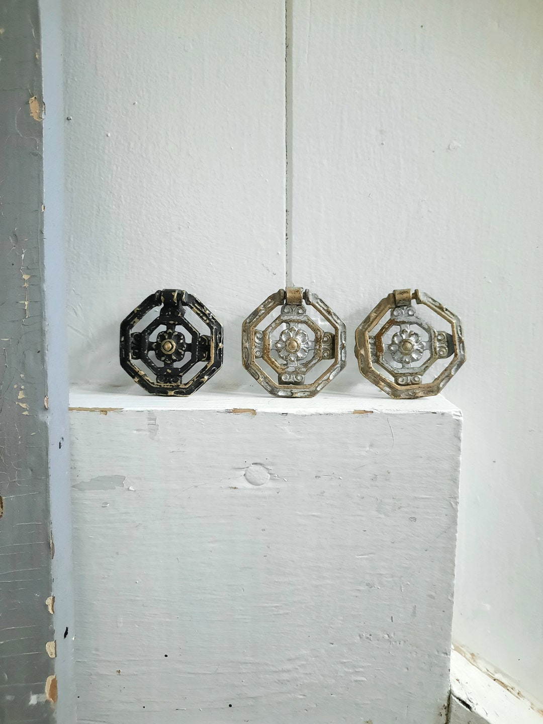 Vintage Drop Ring Drawer Pull Gold, Tarnished Brass, Ornate Hardware