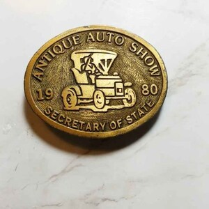Vintage Belt Buckle Men, Antique Auto Show 1980 Secretary of State, Hit Line USA, Solid Brass automobilia