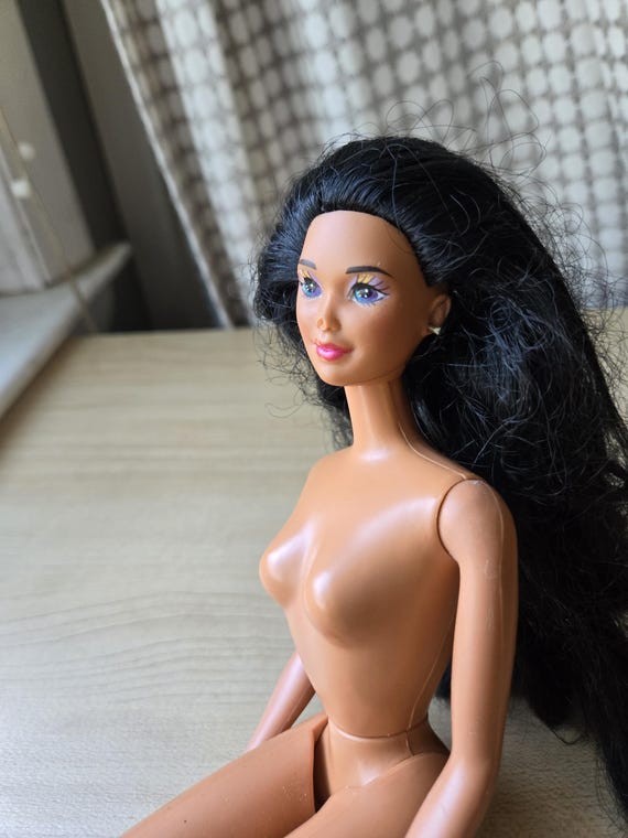 Vintage 1966 Barbie Doll Malaysia Long Black Hair 1980 Mattel Twist Turn Bending Knees Bendable Silver Stud Earrings Damage to Face Etsy UK