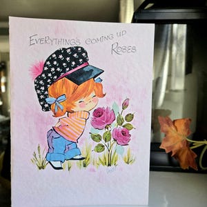 Vintage Congratulations Card Old Greeting ephemera, Retro 1960s  Illustration For Her, New baby, lifelong happiness, 60s artist Davey