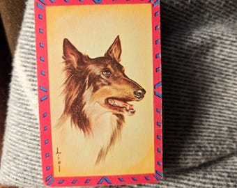 Carta de juego vintage retro con diseño de perro Collie / Cuadro pequeño de mediados de siglo para marco mini de 3 1/2" x 2" Impresión Lial, retrato de animal / Coleccionable