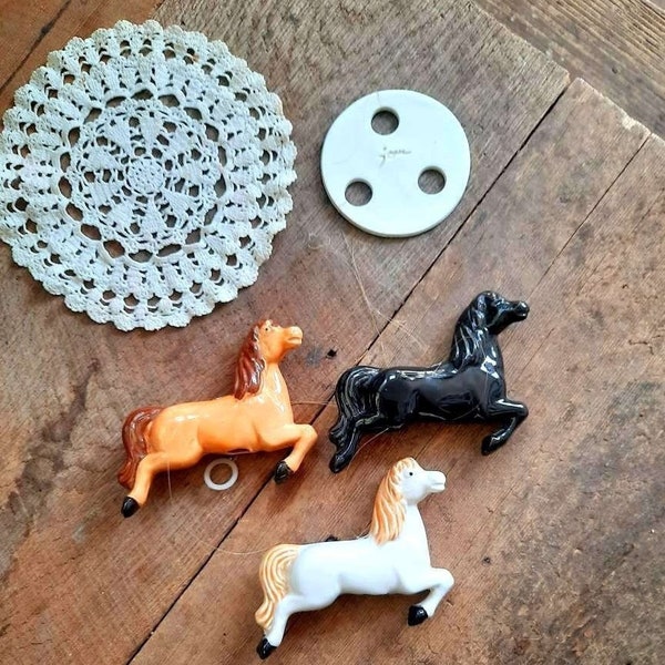 3 Vintage Painted Ceramic Pony Horses for Mobile, Antique Baby Nursery Porcelain, Brown, Black, White Porcelain Figurines, Carousel ponies