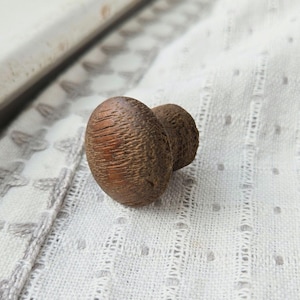 May include: A brown, wooden cabinet knob with a textured surface. The knob has a rounded, oval shape with a smaller, circular knob attached. It rests on a white, patterned fabric.