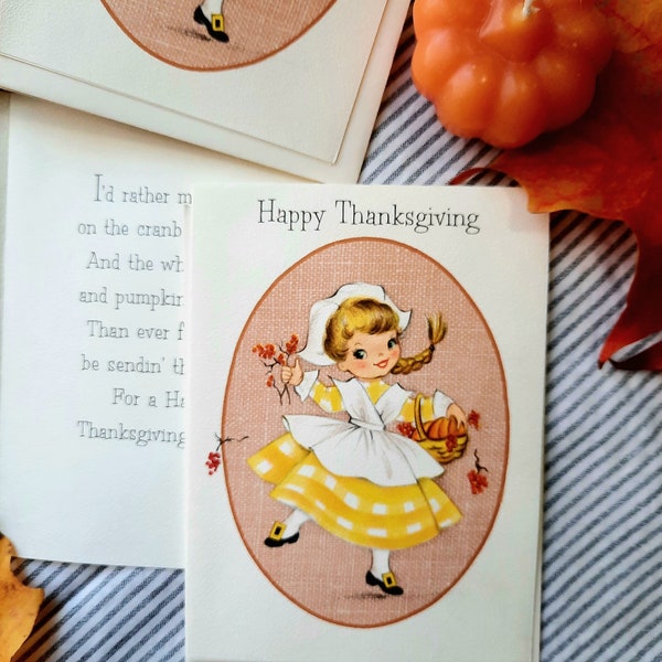 Vintage Happy Thanksgiving Card, 1950s Pilgrim girl, 50s retro holiday greeting, Old fashioned image, unused