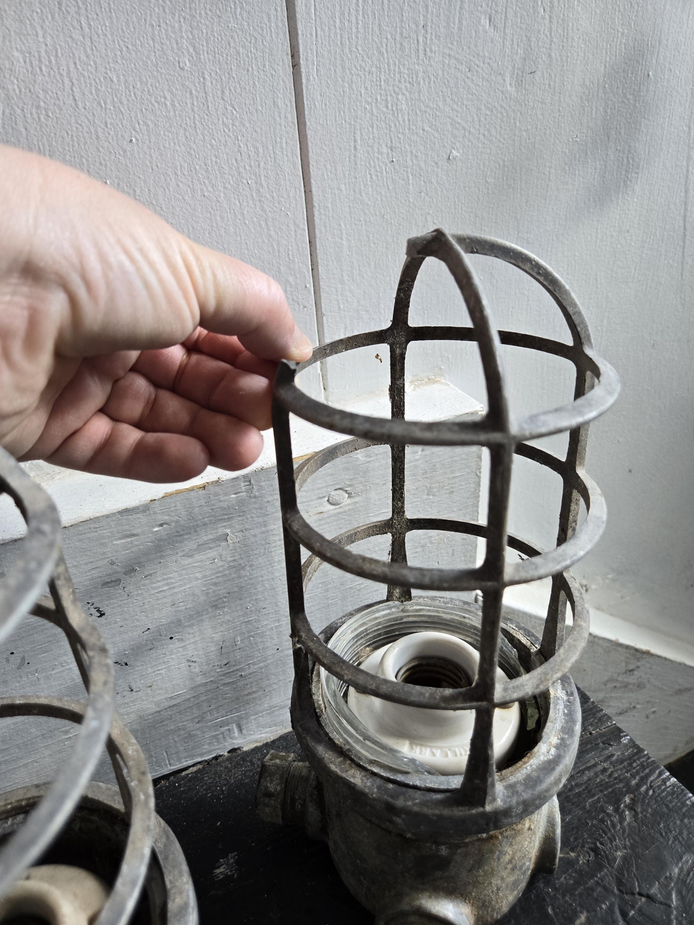 Antique Killark Industrial Light Fixture Cage, Vintage Cast Antique Killark Industrial Light Fixture Cage, Vintage Cast