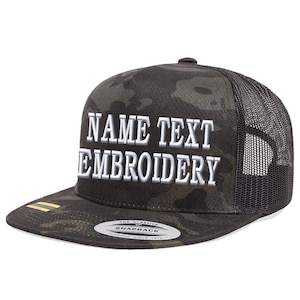 Custom Embroidery Personalized Text Name Embroidered with Yupoong Mesh Trucker SnapBack Baseball Cap Flat Bill Black MultiCam Camo