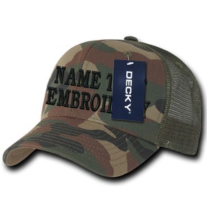 Custom Embroidery Trucker Hat Personalized Text Name Embroidered Mesh Baseball Snapback Cap 1053 1054 - Woodland Camo Army Green