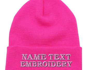 Custom Embroidered Beanie Personalized Name Text embroidery Ski Toboggan Long Cuffed Knit Cap Unisex PC01 - Hot Pink