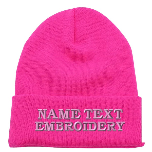 Custom Embroidered Beanie Personalized Name Text embroidery Ski Toboggan Long Cuffed Knit Cap Unisex PC01 - Hot Pink