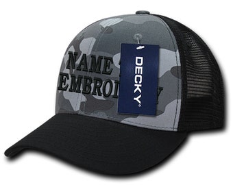 Custom Embroidery Trucker Hat Personalized Text Name Embroidered Mesh Baseball Snapback Cap 1053 1054 - Urban Grey Camo Black Visor