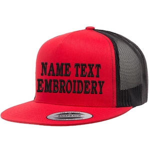 Custom Embroidery Personalized Text Name Embroidered with Yupoong 2tone Mesh Trucker Snapback Hat Flat Bill Baseball Cap Red Black
