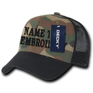 Custom Embroidery Trucker Hat Personalized Text Name Embroidered Mesh Baseball Snapback Cap 1053 1054 - Woodland Camo Black Visor