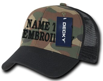 Custom Embroidery Trucker Hat Personalized Text Name Embroidered Mesh Baseball Snapback Cap 1053 1054 - Woodland Camo Black Visor
