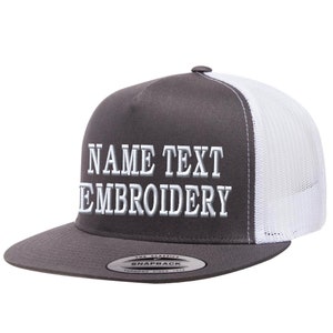 Custom Trucker Hat Embroidered with Yupoong Snapback Personalized Text Name Mesh Baseball Cap Flat Bill Charcoal Grey White 2tone
