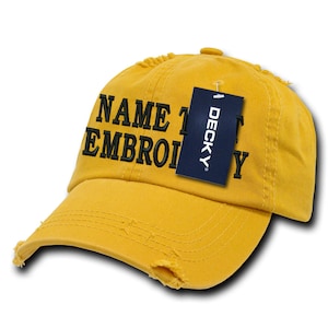 Custom Embroidery Unstructured Frayed Dad Hat Personalized Text Name Embroidered Curve Bill Strapback Distressed Cap WH959 - Gold Yellow