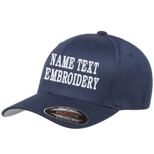 Custom Embroidery Fitted Hat Flexfit 6277 Wooly Combed Personalized Text Name Embroidered Curve Bill Baseball Size Cap - Navy Blue