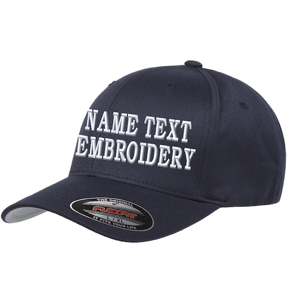 Custom Embroidery Fitted Hat Flexfit 6277 Wooly Combed Personalized Text  Name Embroidered Curve Bill Baseball Size Cap Dark Navy Blue