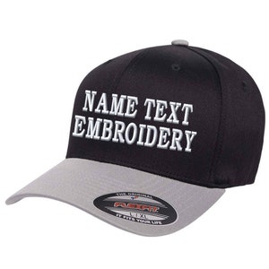 Personalizado bordado equipado sombrero Flexfit 6277 Wooly Combed personalizado nombre de texto personalizado nombre bordado curva pico de béisbol tamaño cap - negro / gris visor